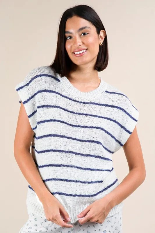 Very J - Navy & Ivory Striped Knit Cap Sleeve Sweater