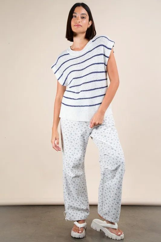 Very J - Navy & Ivory Striped Knit Cap Sleeve Sweater