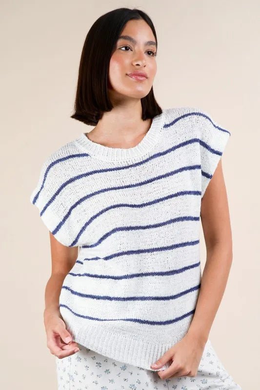 Very J - Navy & Ivory Striped Knit Cap Sleeve Sweater