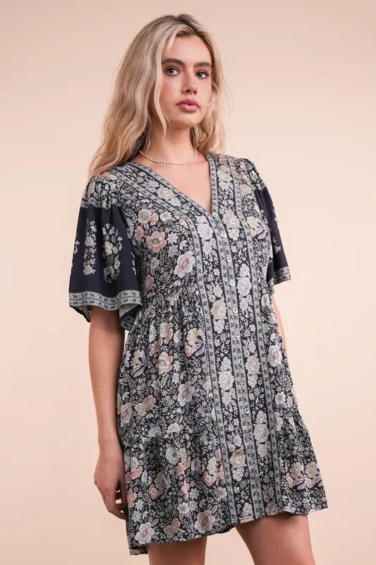 Very J - Navy Multi Boho Floral V - Neck Babydoll Mini Dress