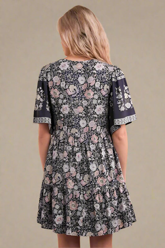 Very J - Navy Multi Boho Floral V - Neck Babydoll Mini Dress