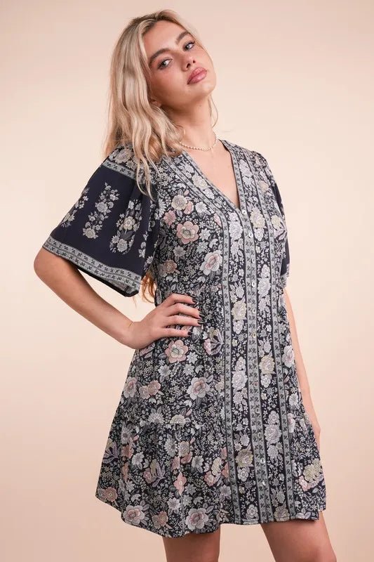 Very J - Navy Multi Boho Floral V - Neck Babydoll Mini Dress