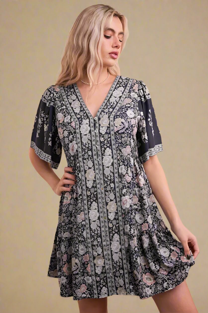 Very J - Navy Multi Boho Floral V - Neck Babydoll Mini Dress