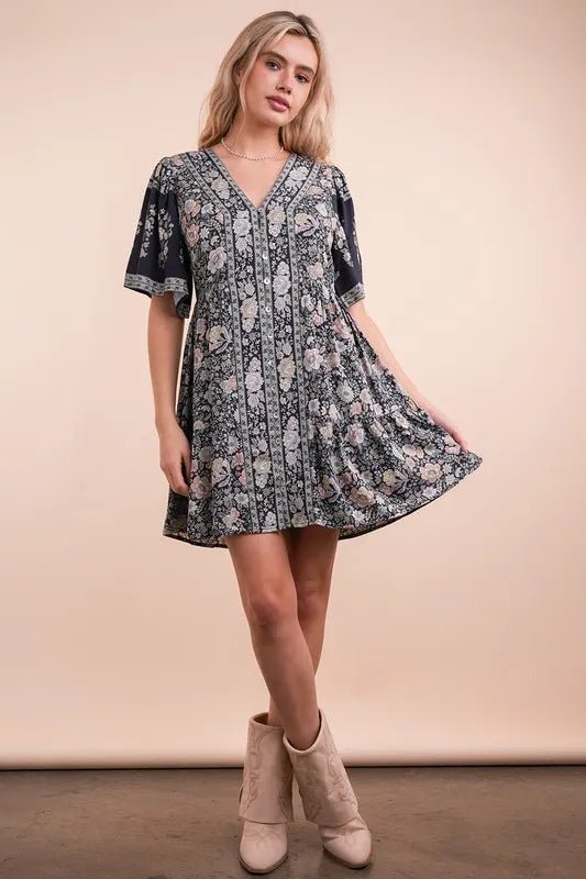 Very J - Navy Multi Boho Floral V - Neck Babydoll Mini Dress