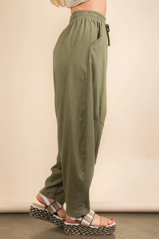 Very J - Olive Cotton Drawstring Barrel Pants
