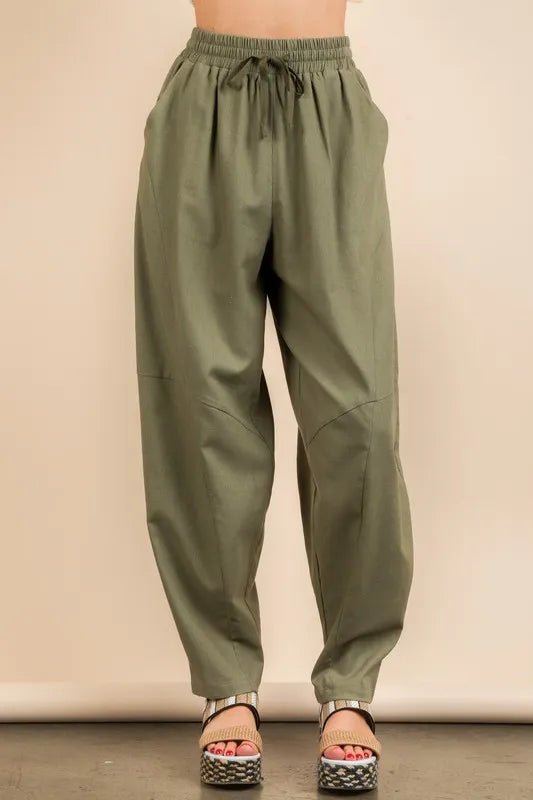 Very J - Olive Cotton Drawstring Barrel Pants
