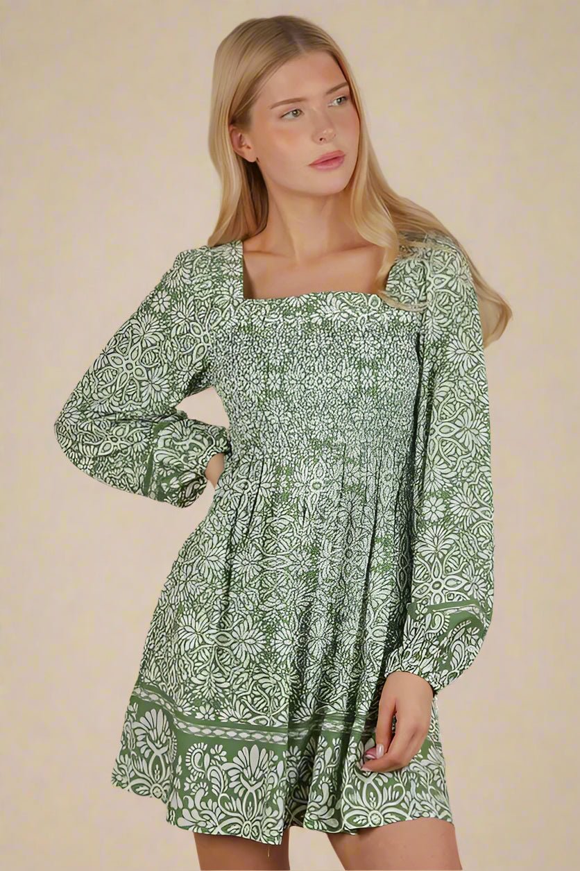 Very J - Olive Floral Smocked Long Sleeve Mini Dress