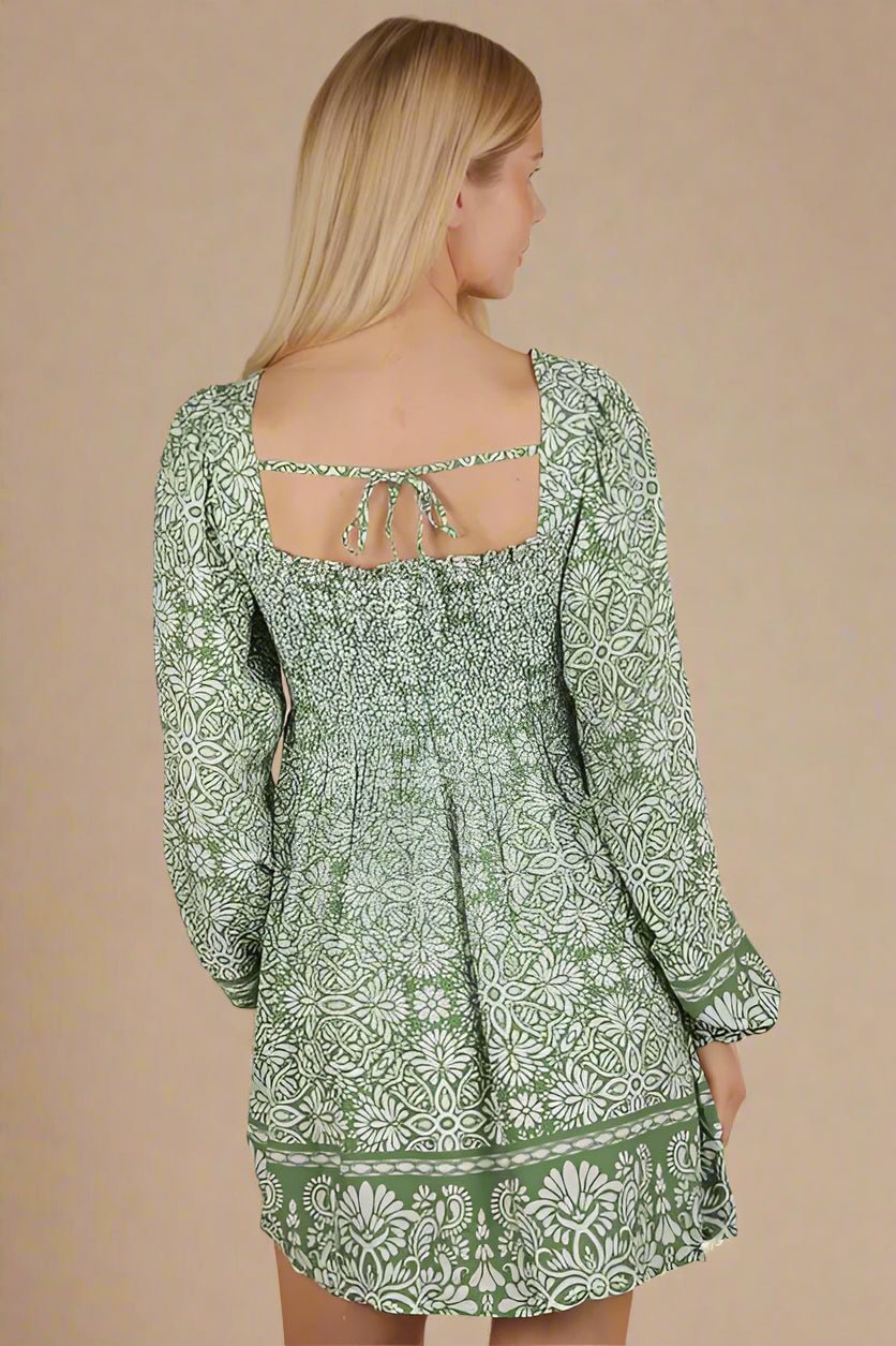 Very J - Olive Floral Smocked Long Sleeve Mini Dress