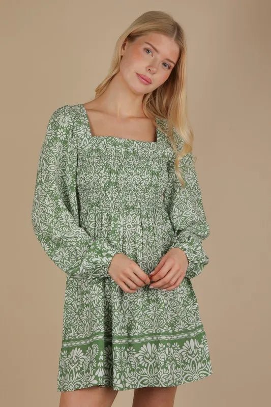 Very J - Olive Floral Smocked Long Sleeve Mini Dress