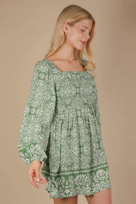 Very J - Olive Floral Smocked Long Sleeve Mini Dress