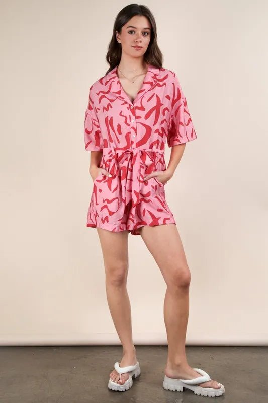 Very J - Pink Abstract Print Belted Romper