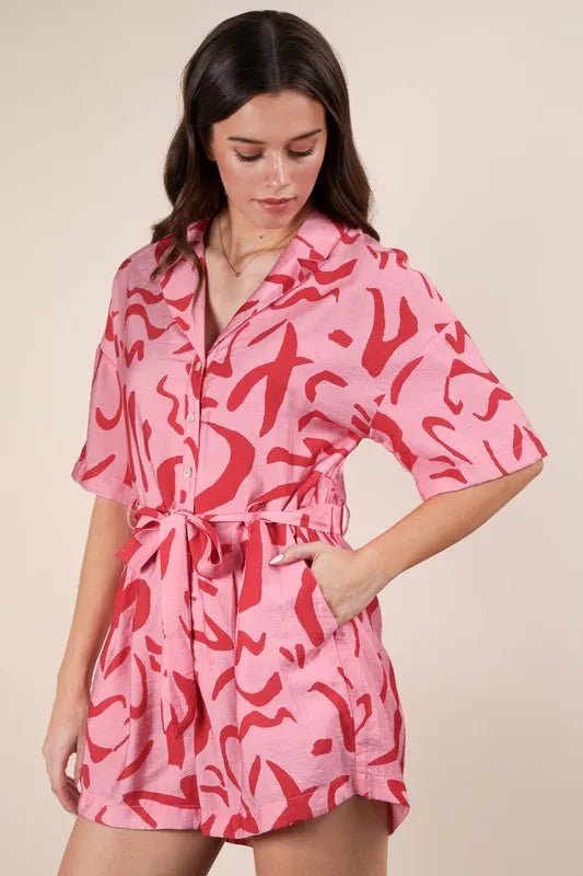 Very J - Pink Abstract Print Belted Romper