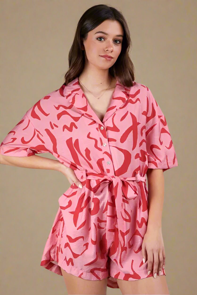 Very J - Pink Abstract Print Belted Romper