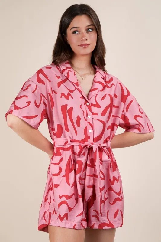 Very J - Pink Abstract Print Belted Romper