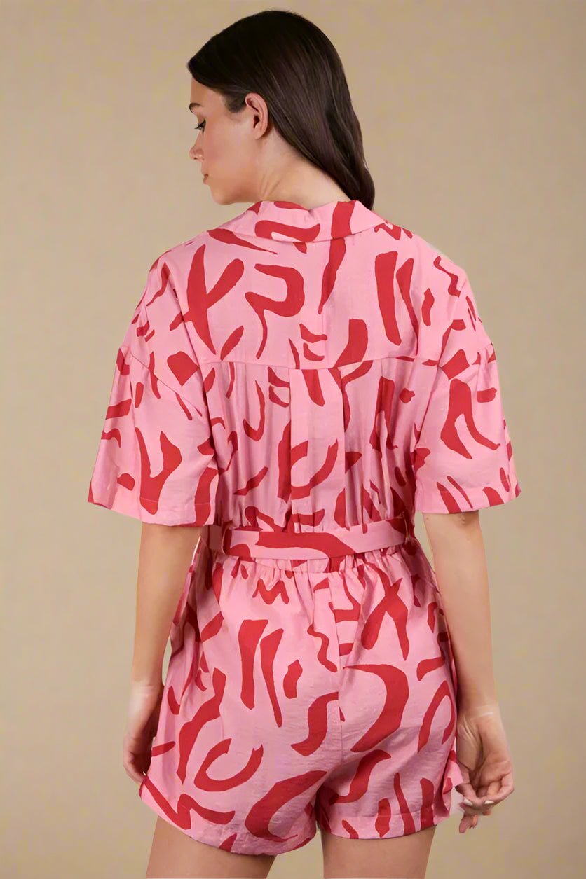 Very J - Pink Abstract Print Belted Romper
