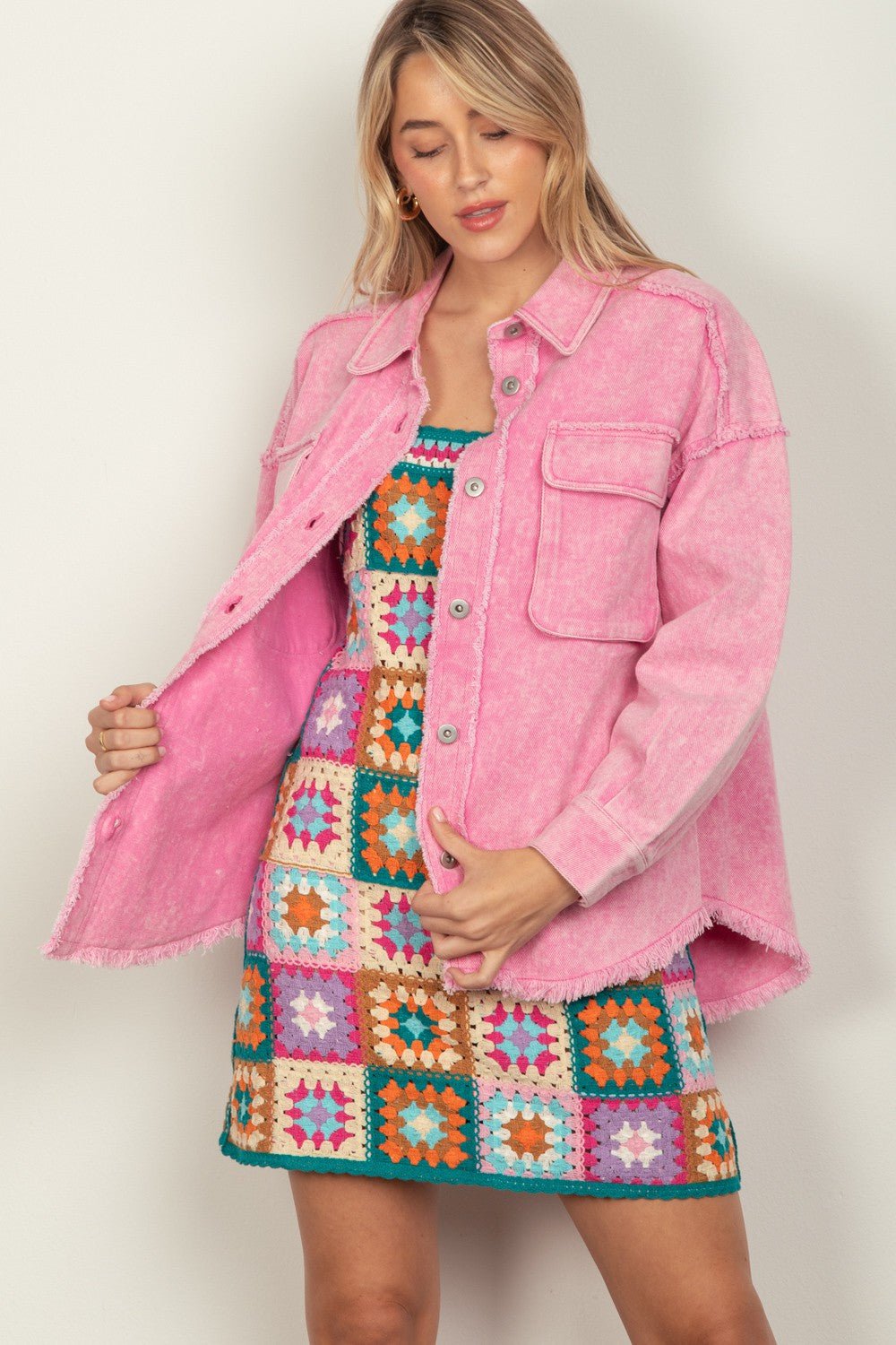 Very J - Pink Button Up Raw Hem Long Sleeve Jacket