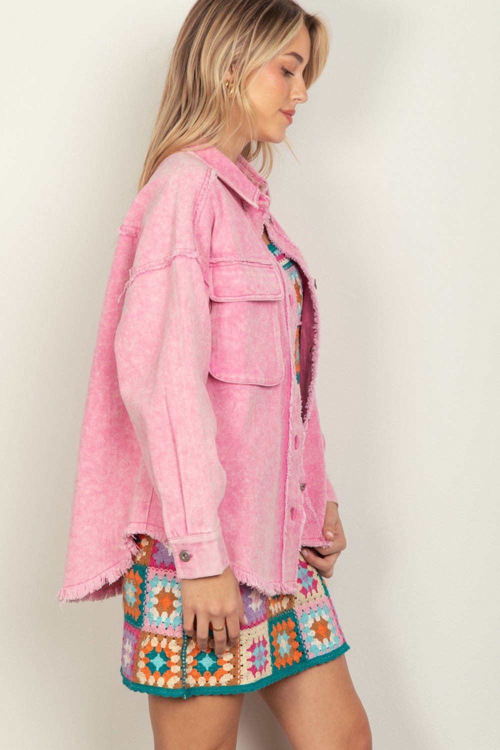 Very J - Pink Button Up Raw Hem Long Sleeve Jacket