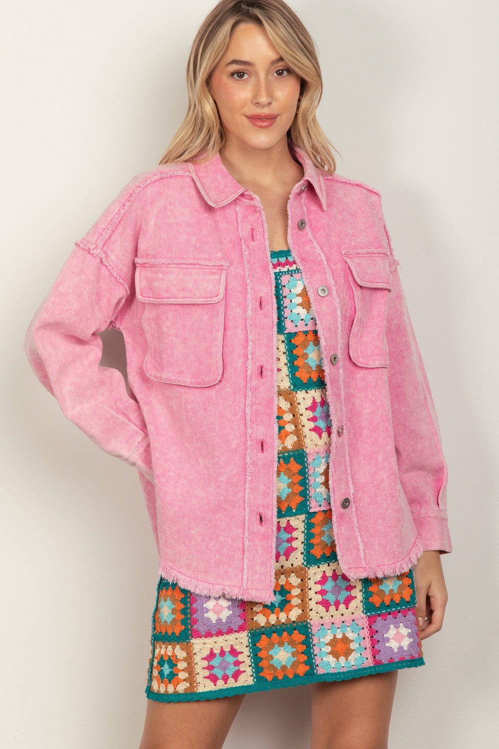 Very J - Pink Button Up Raw Hem Long Sleeve Jacket