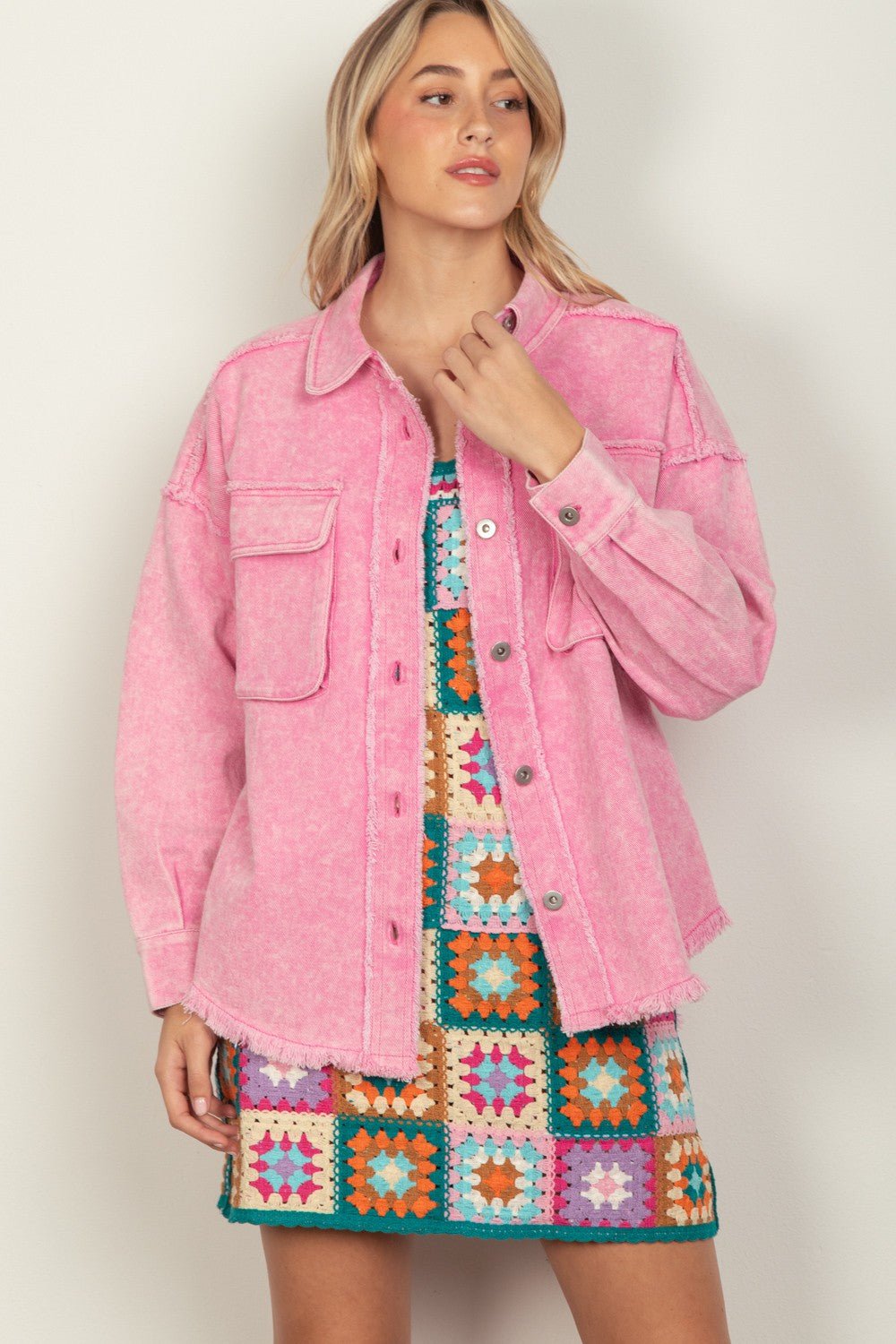 Very J - Pink Button Up Raw Hem Long Sleeve Jacket