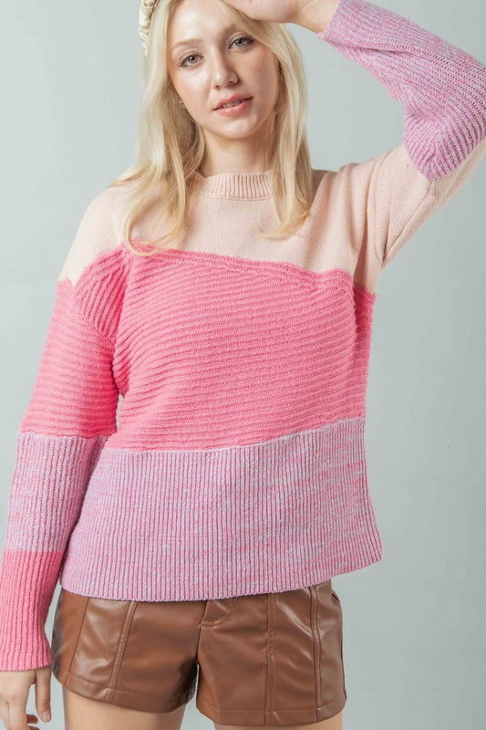 Very J - Pink Color Block Long Sleeve Sweater