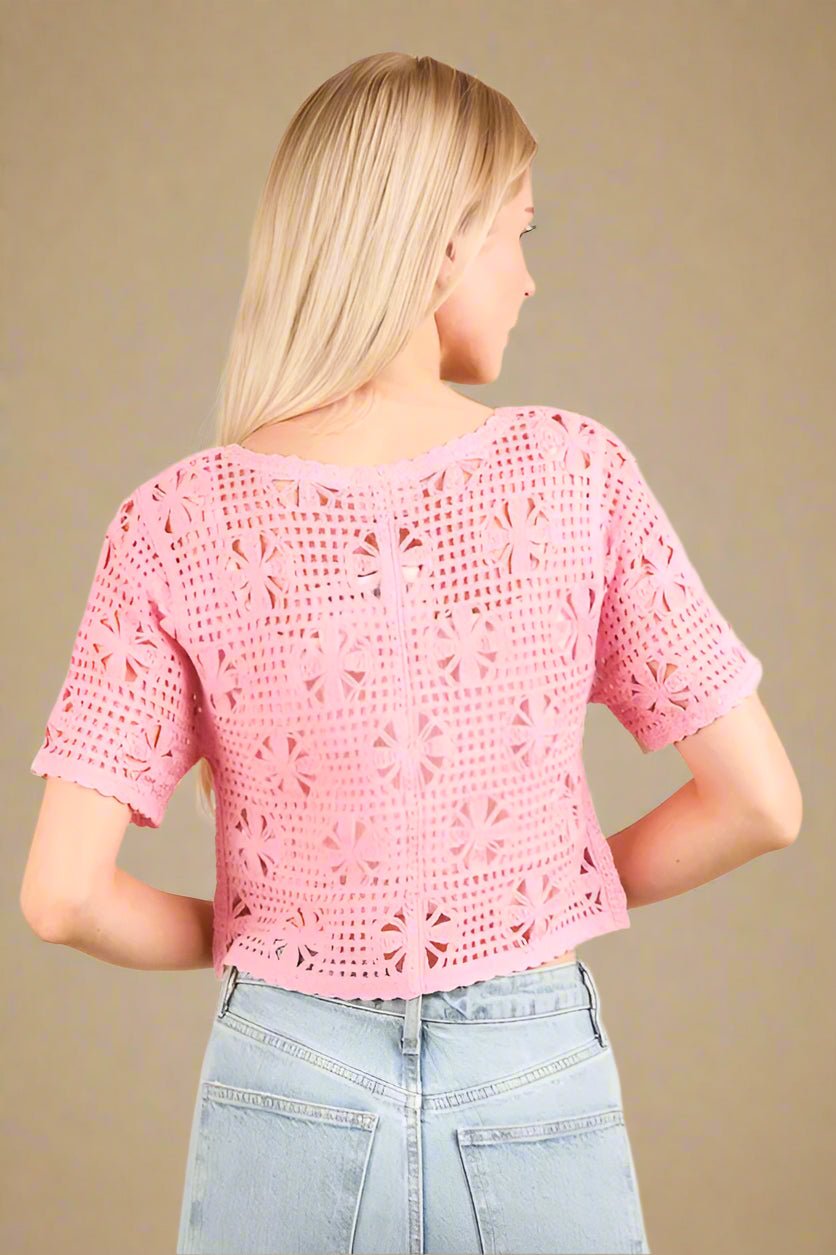 Very J - Pink Crochet Tie - Front Cardigan Top