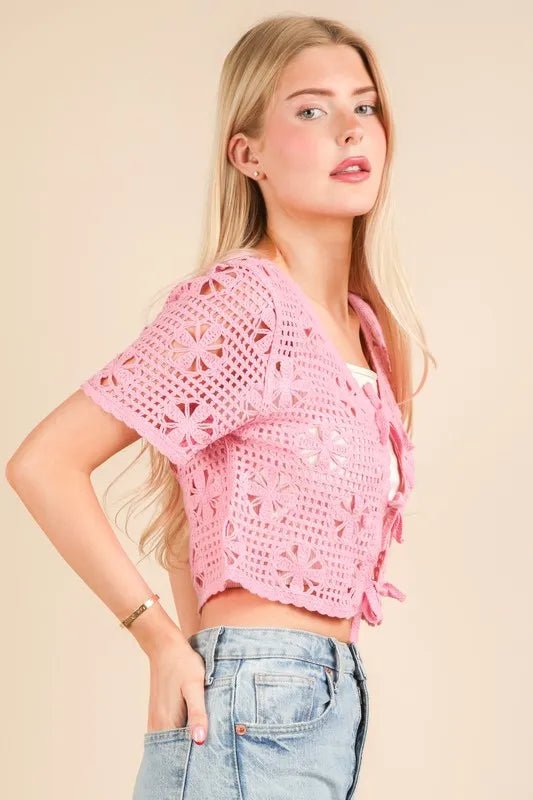 Very J - Pink Crochet Tie - Front Cardigan Top