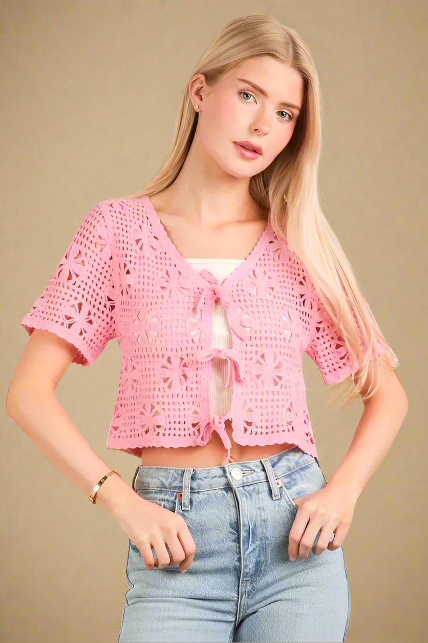 Very J - Pink Crochet Tie - Front Cardigan Top