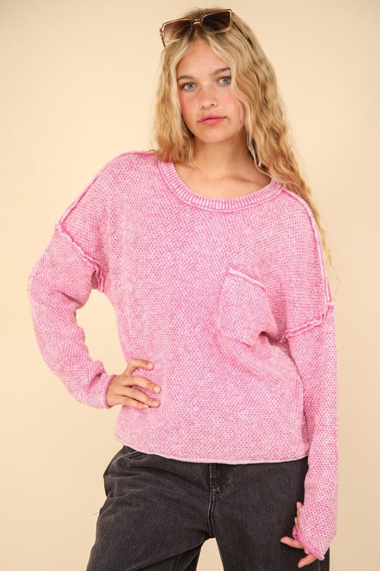 Very J - Pink Mineral Washed Exposed Seams Sweater