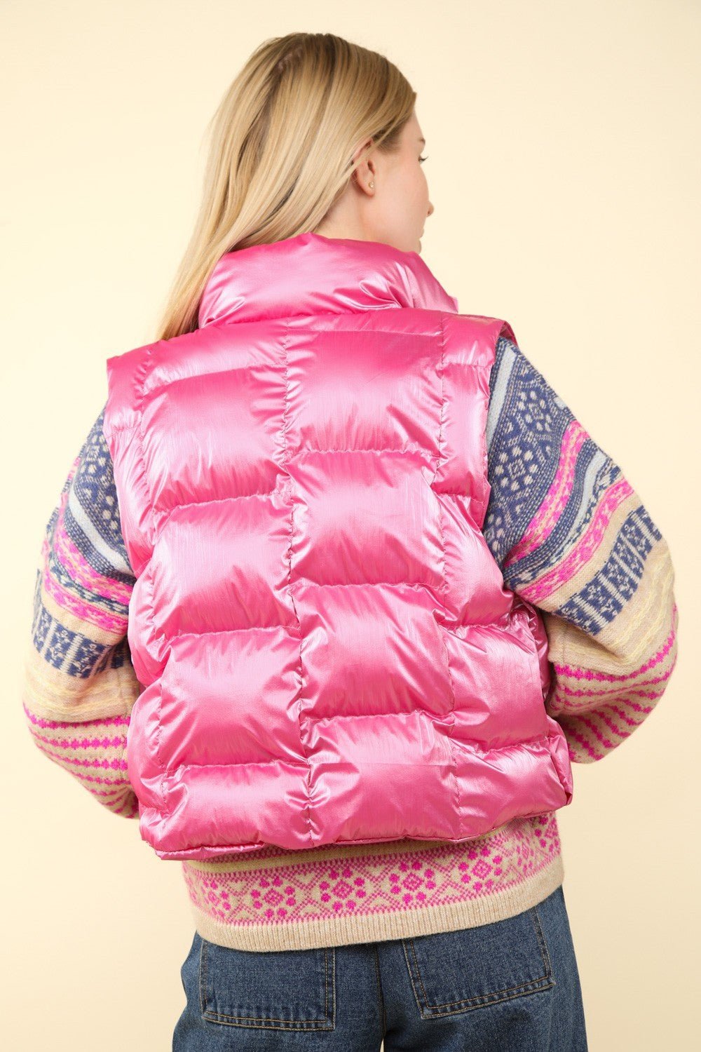 Very J - Pink Shiny Metallic Zip Up Puffer Vest