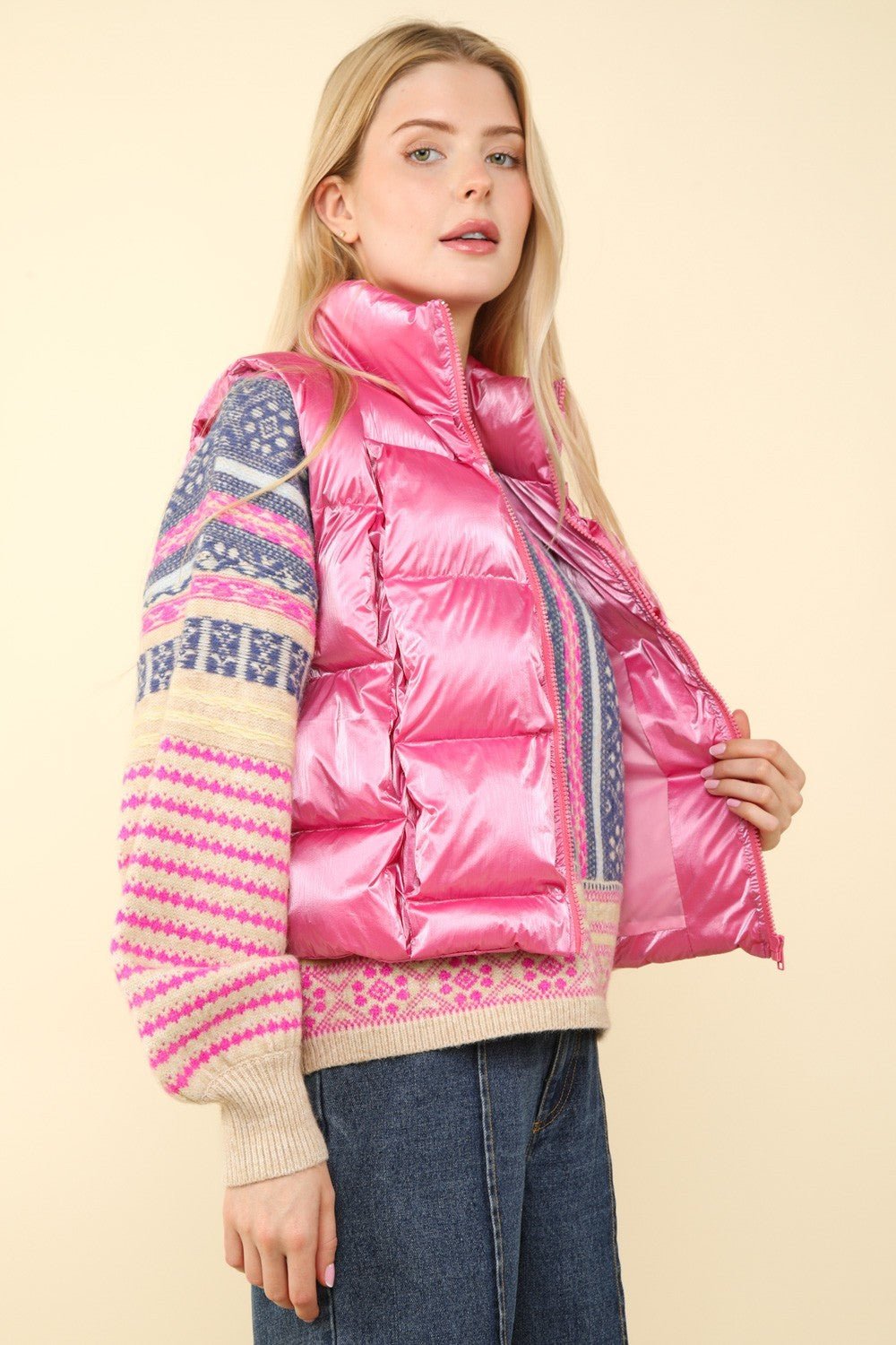 Very J - Pink Shiny Metallic Zip Up Puffer Vest