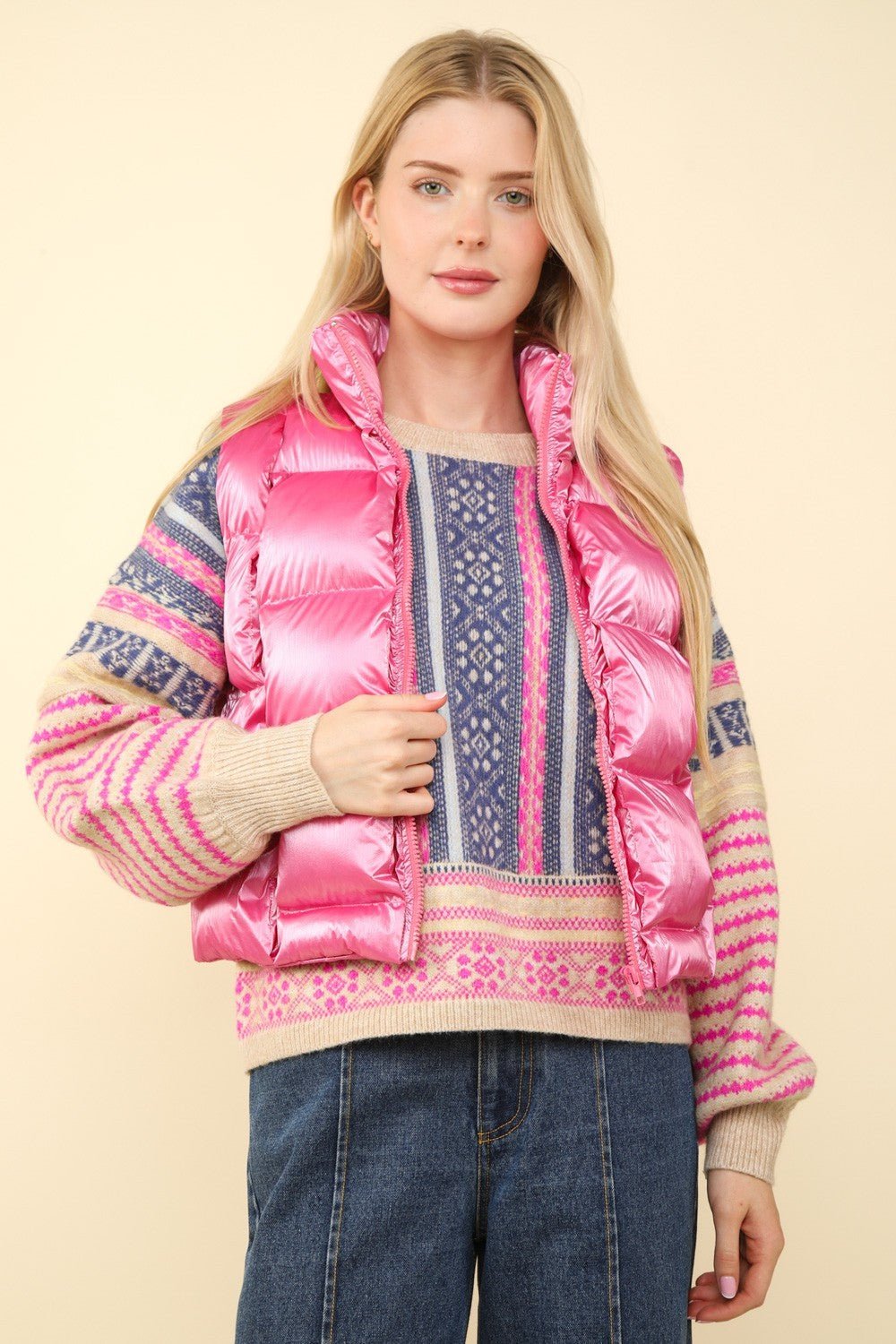 Very J - Pink Shiny Metallic Zip Up Puffer Vest