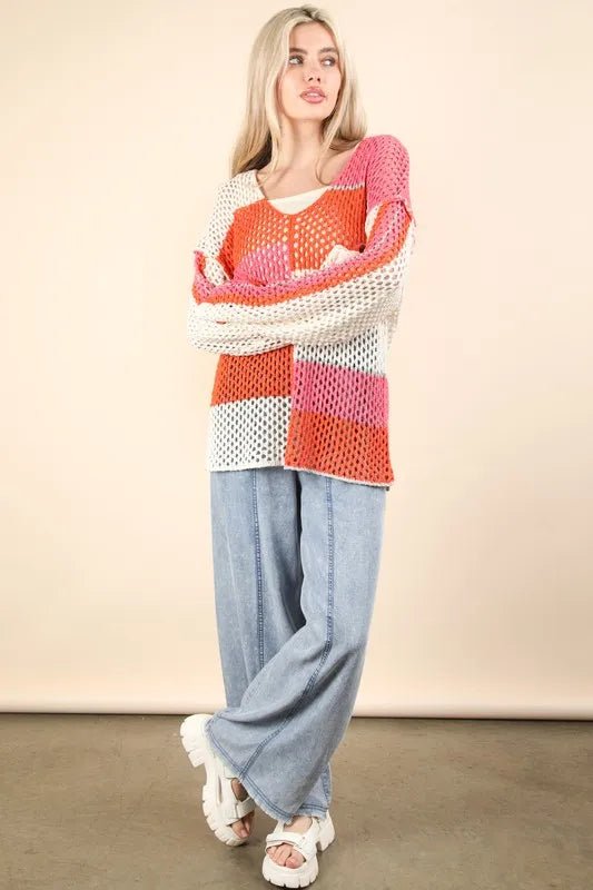 Very J - Pink Sunset Open Knit Pullover Sweater