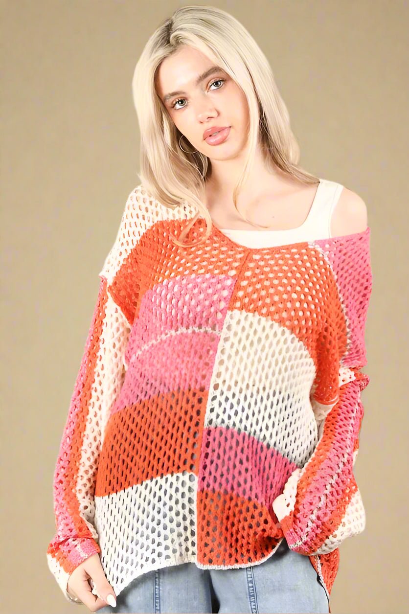 Very J - Pink Sunset Open Knit Pullover Sweater