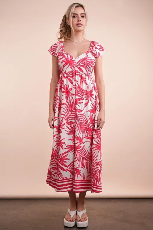 Very J - Pink Tropical Leaf Print Midi Dress