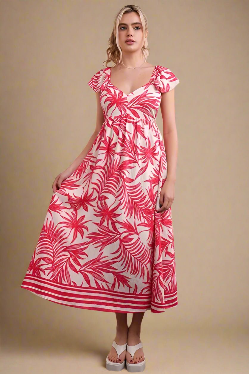 Very J - Pink Tropical Leaf Print Midi Dress