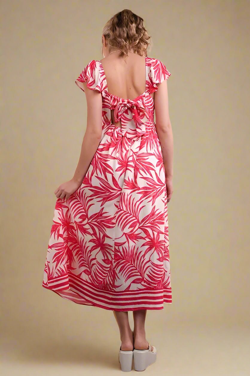 Very J - Pink Tropical Leaf Print Midi Dress