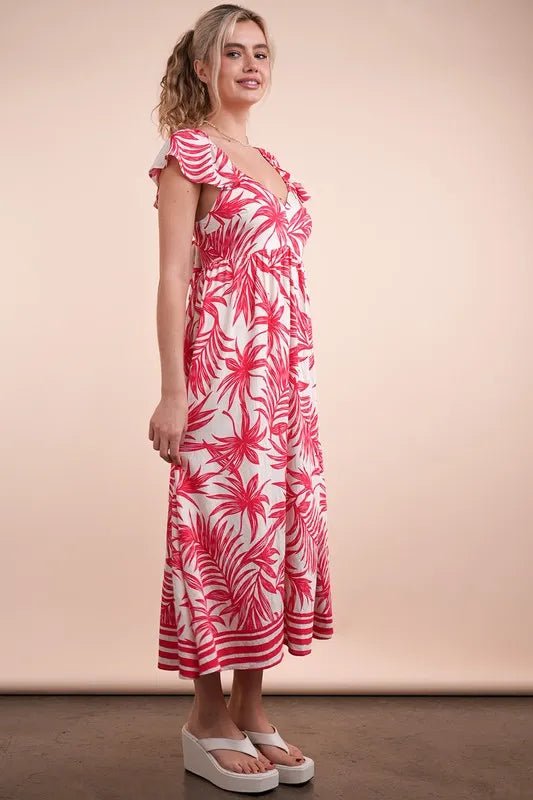 Very J - Pink Tropical Leaf Print Midi Dress