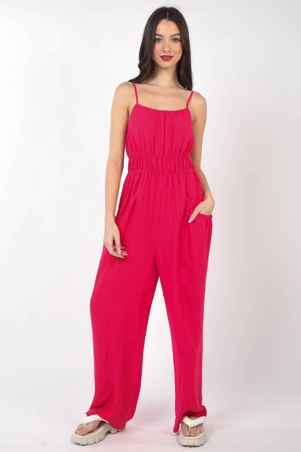 Very J - Pintuck Detail Woven Sleeveless Jumpsuit in Hot Pink