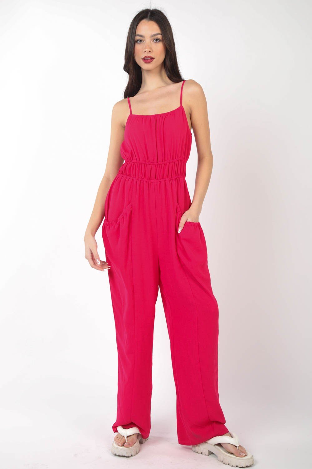 Very J - Pintuck Detail Woven Sleeveless Jumpsuit in Hot Pink