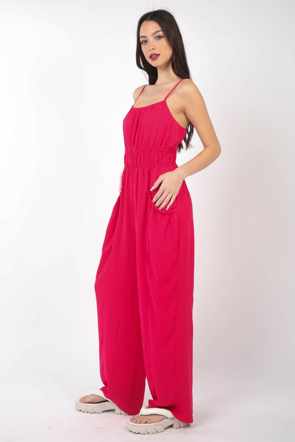 Very J - Pintuck Detail Woven Sleeveless Jumpsuit in Hot Pink