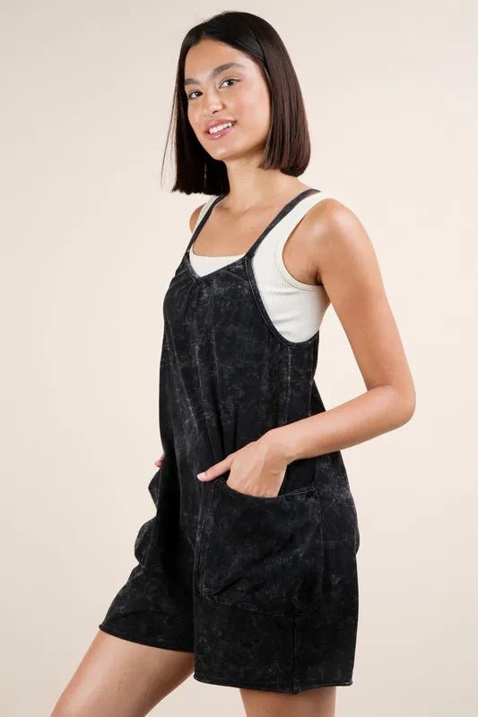 Very J - Plus Size Black Mineral Wash Overall Romper