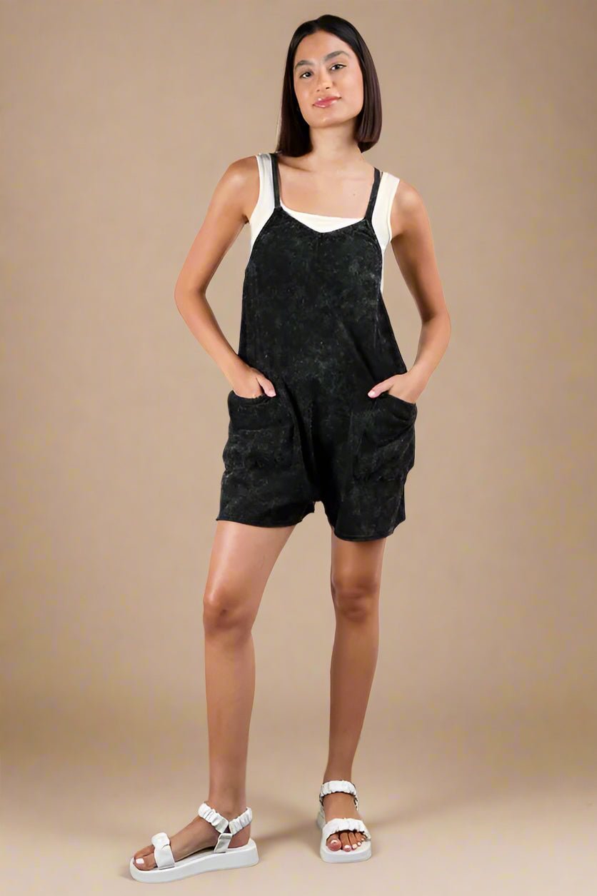 Very J - Plus Size Black Mineral Wash Overall Romper
