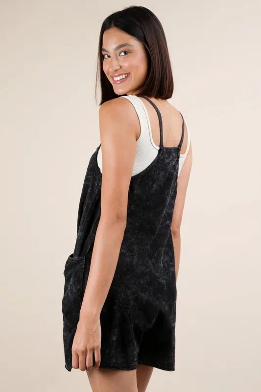 Very J - Plus Size Black Mineral Wash Overall Romper