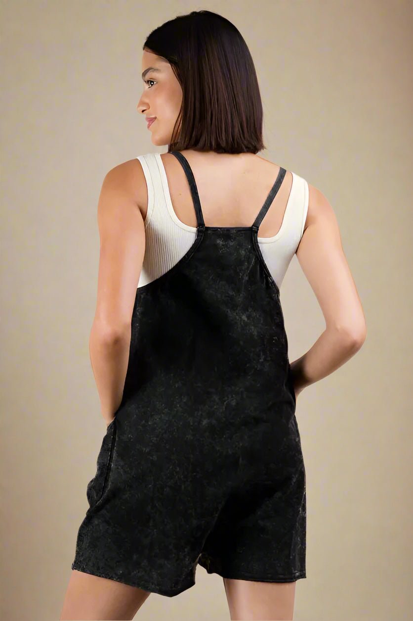 Very J - Plus Size Black Mineral Wash Overall Romper