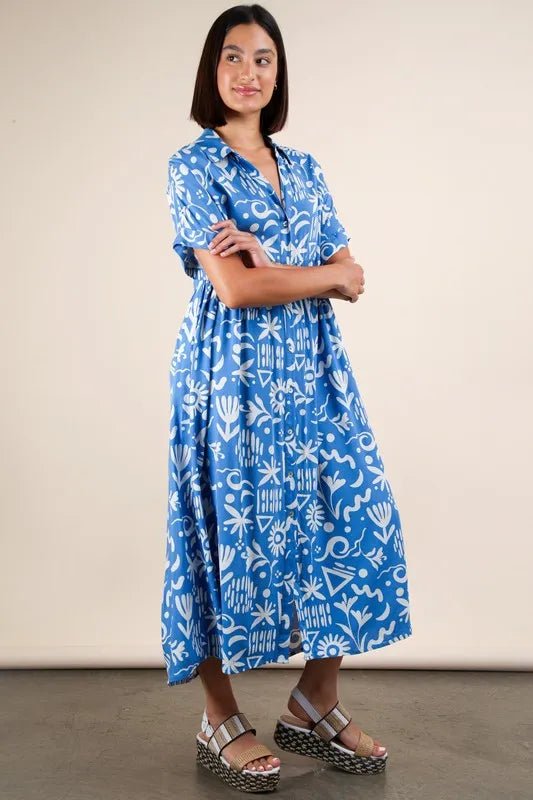 Very J - Plus Size Blue Abstract Print Button - Down Midi Dress