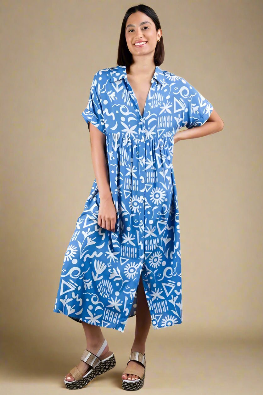 Very J - Plus Size Blue Abstract Print Button - Down Midi Dress