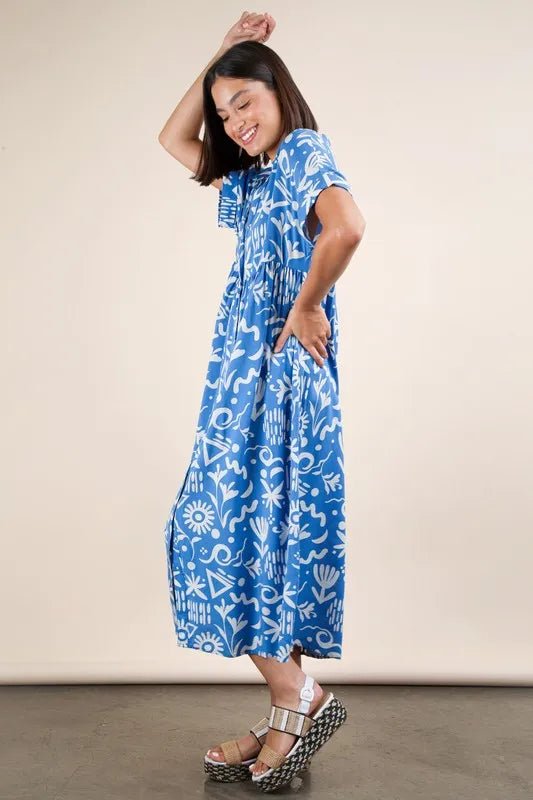 Very J - Plus Size Blue Abstract Print Button - Down Midi Dress