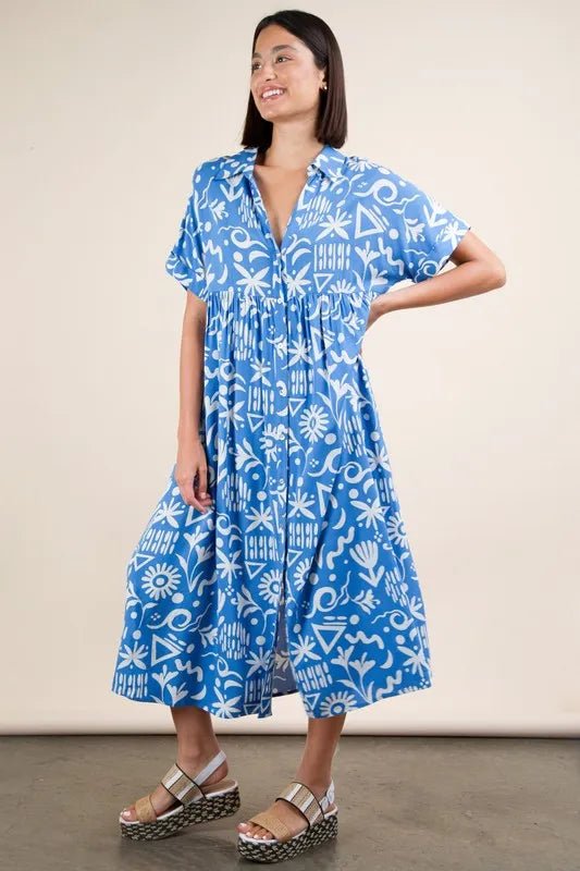 Very J - Plus Size Blue Abstract Print Button - Down Midi Dress