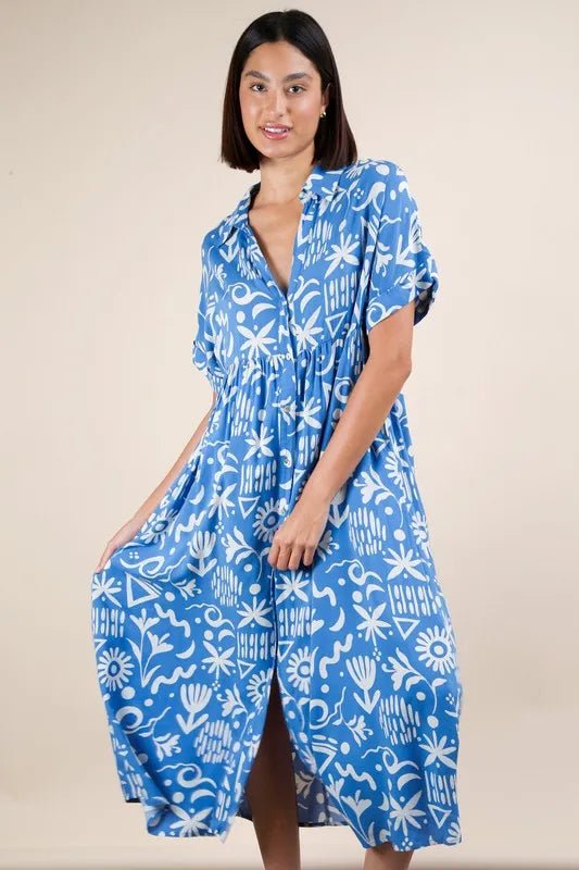 Very J - Plus Size Blue Abstract Print Button - Down Midi Dress