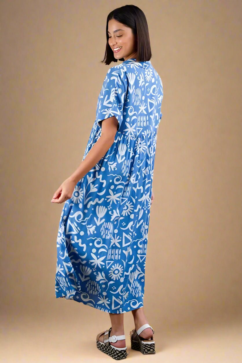Very J - Plus Size Blue Abstract Print Button - Down Midi Dress